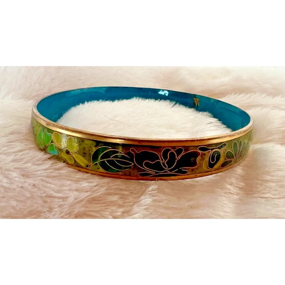 Vintage Cloisonne‎ Bangle Floral Green Teal Enamel Brass Bracelet Earth Tones